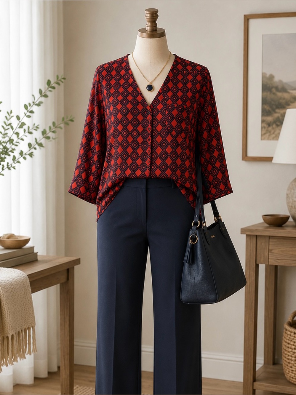 Karen Kane 2X Geometric Print Button Front Tunic Top Red Navy USA Plus Size